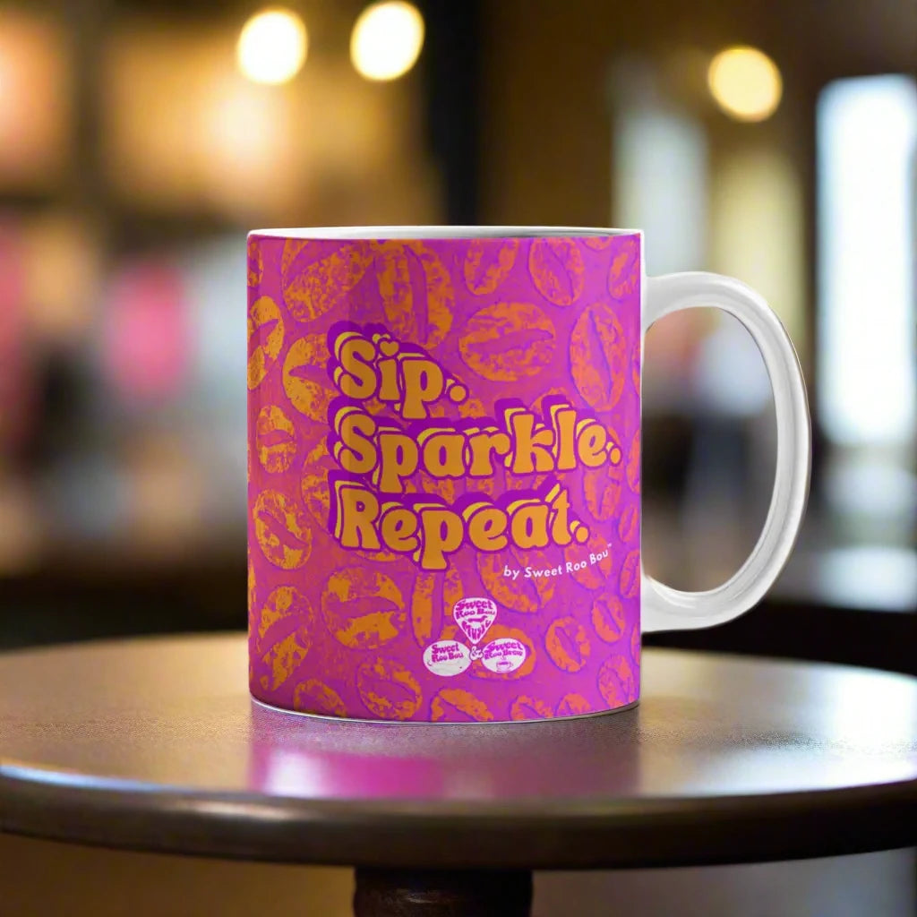 Classic white ceramic mug with Sweet Roo Bou™ design and Boujee Coffee Time© energy. Great gift in 11 or 15 oz.