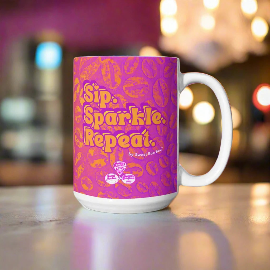 Classic white ceramic mug with Sweet Roo Bou™ design and Boujee Coffee Time© energy. Great gift in 11 or 15 oz.