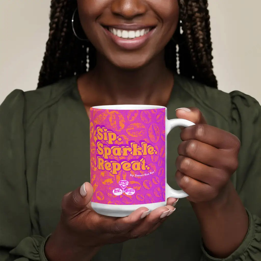 Classic white ceramic mug with Sweet Roo Bou™ design and Boujee Coffee Time© energy. Great gift in 11 or 15 oz.