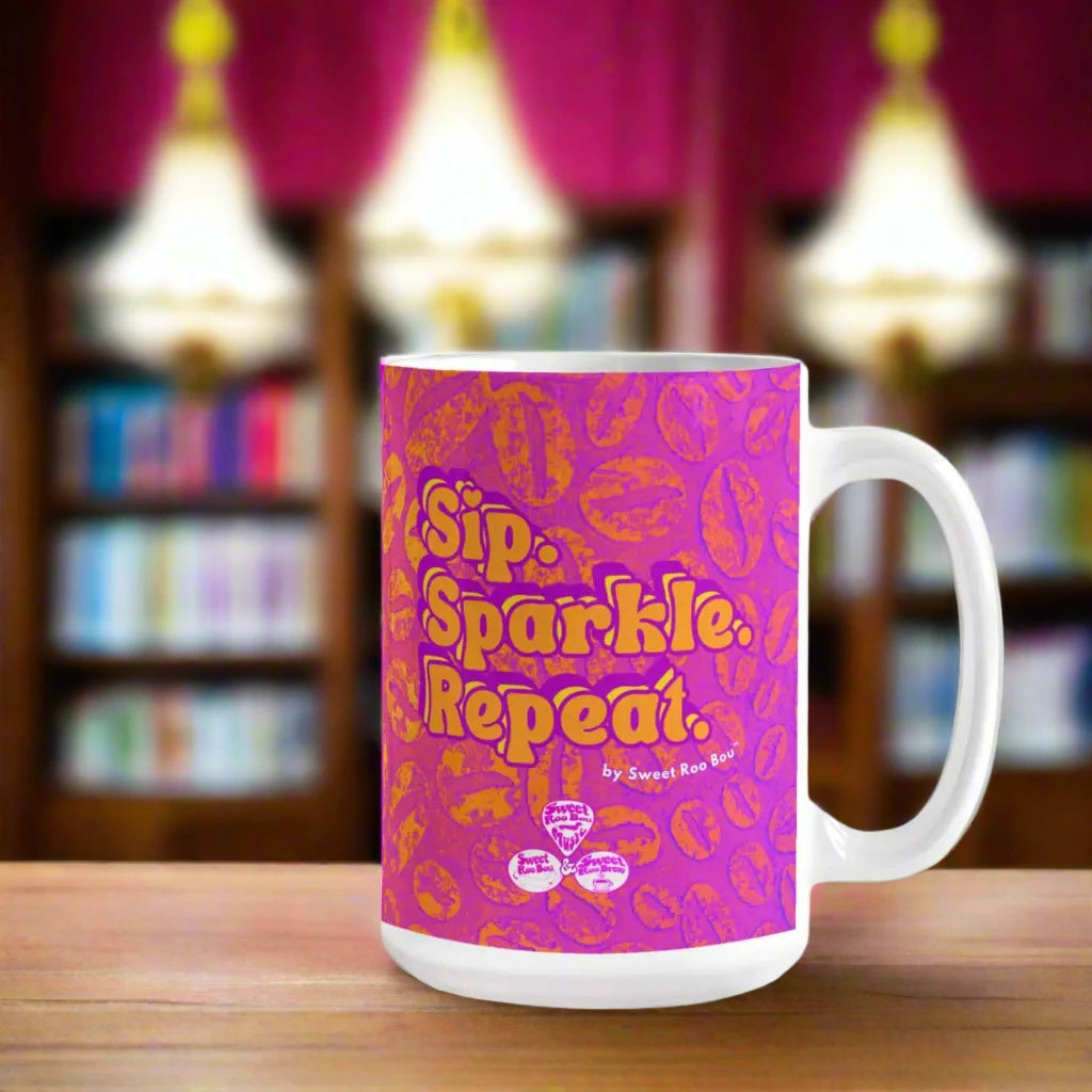 Classic white ceramic mug with Sweet Roo Bou™ design and Boujee Coffee Time© energy. Great gift in 11 or 15 oz.