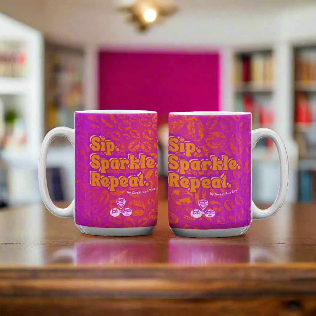 Classic white ceramic mug with Sweet Roo Bou™ design and Boujee Coffee Time© energy. Great gift in 11 or 15 oz.