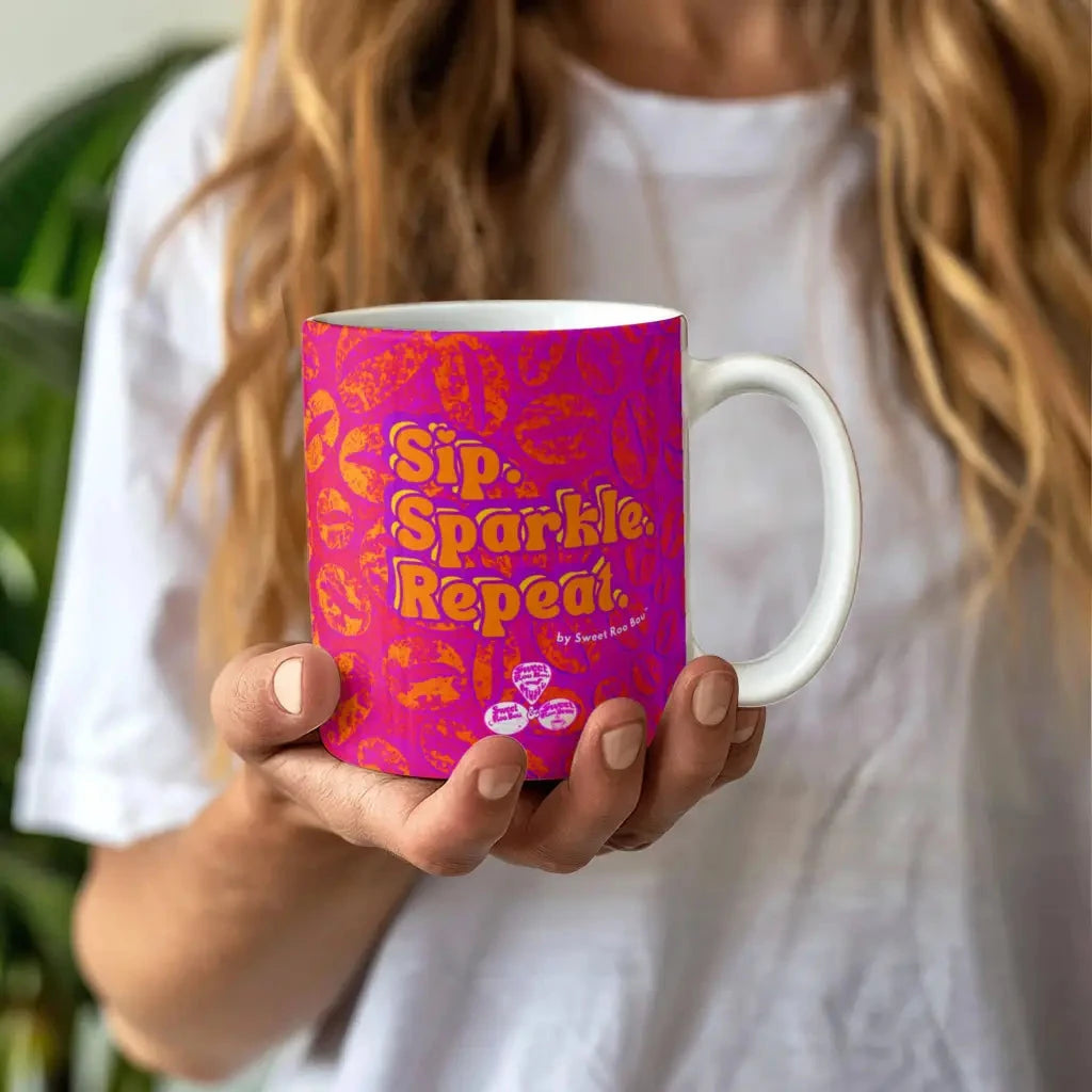 Classic white ceramic mug with Sweet Roo Bou™ design and Boujee Coffee Time© energy. Great gift in 11 or 15 oz.