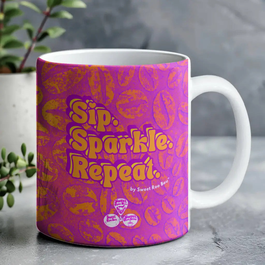 Classic white ceramic mug with Sweet Roo Bou™ design and Boujee Coffee Time© energy. Great gift in 11 or 15 oz.