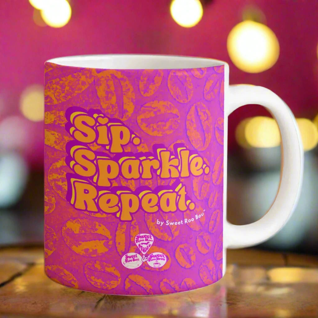 Classic white ceramic mug with Sweet Roo Bou™ design and Boujee Coffee Time© energy. Great gift in 11 or 15 oz.