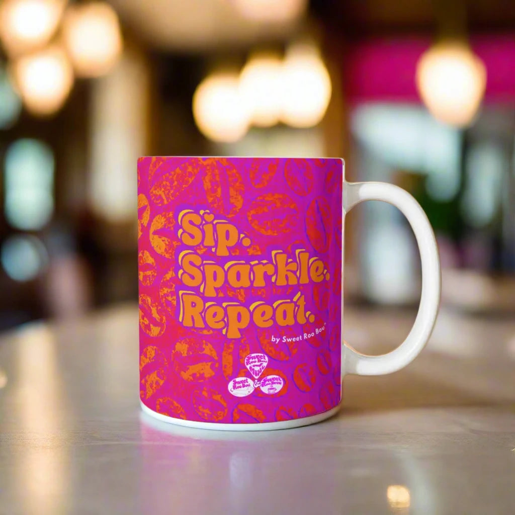 Classic white ceramic mug with Sweet Roo Bou™ design and Boujee Coffee Time© energy. Great gift in 11 or 15 oz.