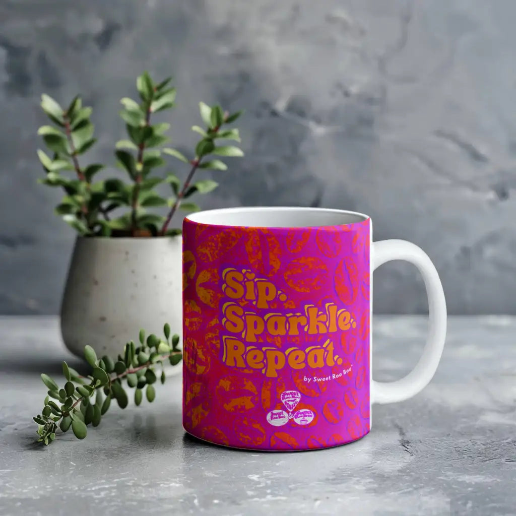 Classic white ceramic mug with Sweet Roo Bou™ design and Boujee Coffee Time© energy. Great gift in 11 or 15 oz.