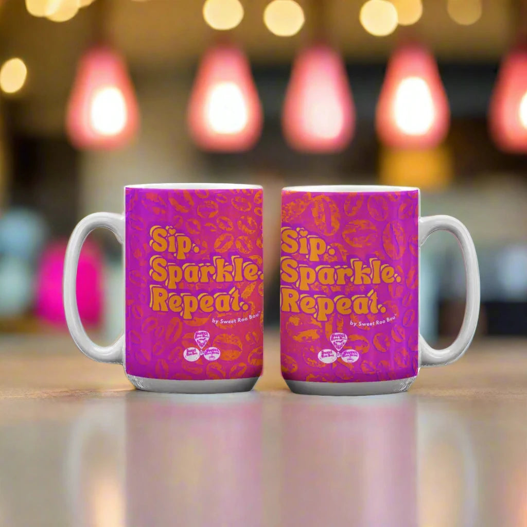 Classic white ceramic mug with Sweet Roo Bou™ design and Boujee Coffee Time© energy. Great gift in 11 or 15 oz.
