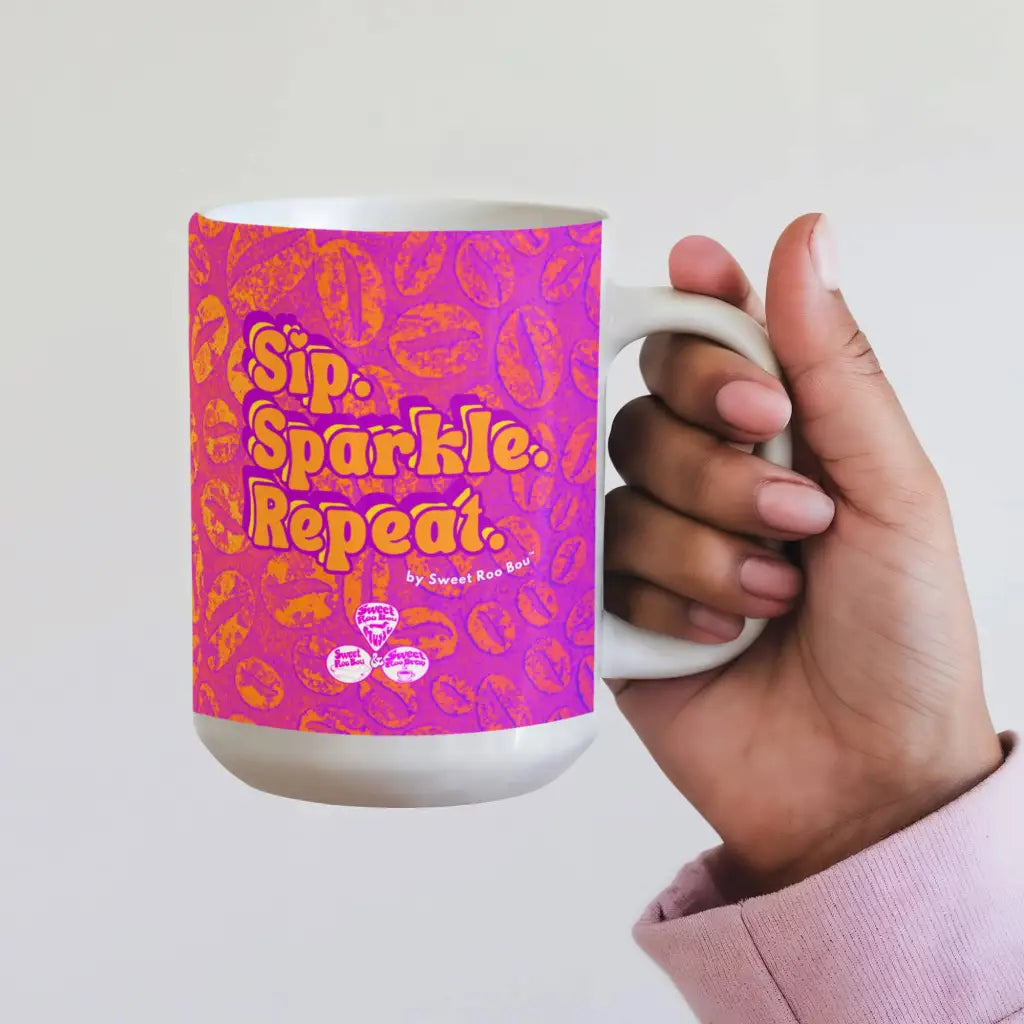 Classic white ceramic mug with Sweet Roo Bou™ design and Boujee Coffee Time© energy. Great gift in 11 or 15 oz.