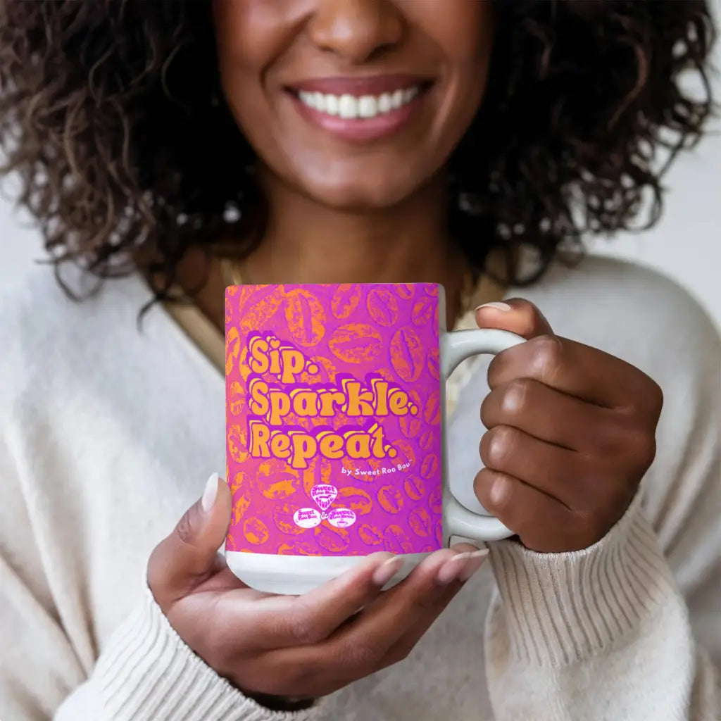 Classic white ceramic mug with Sweet Roo Bou™ design and Boujee Coffee Time© energy. Great gift in 11 or 15 oz.
