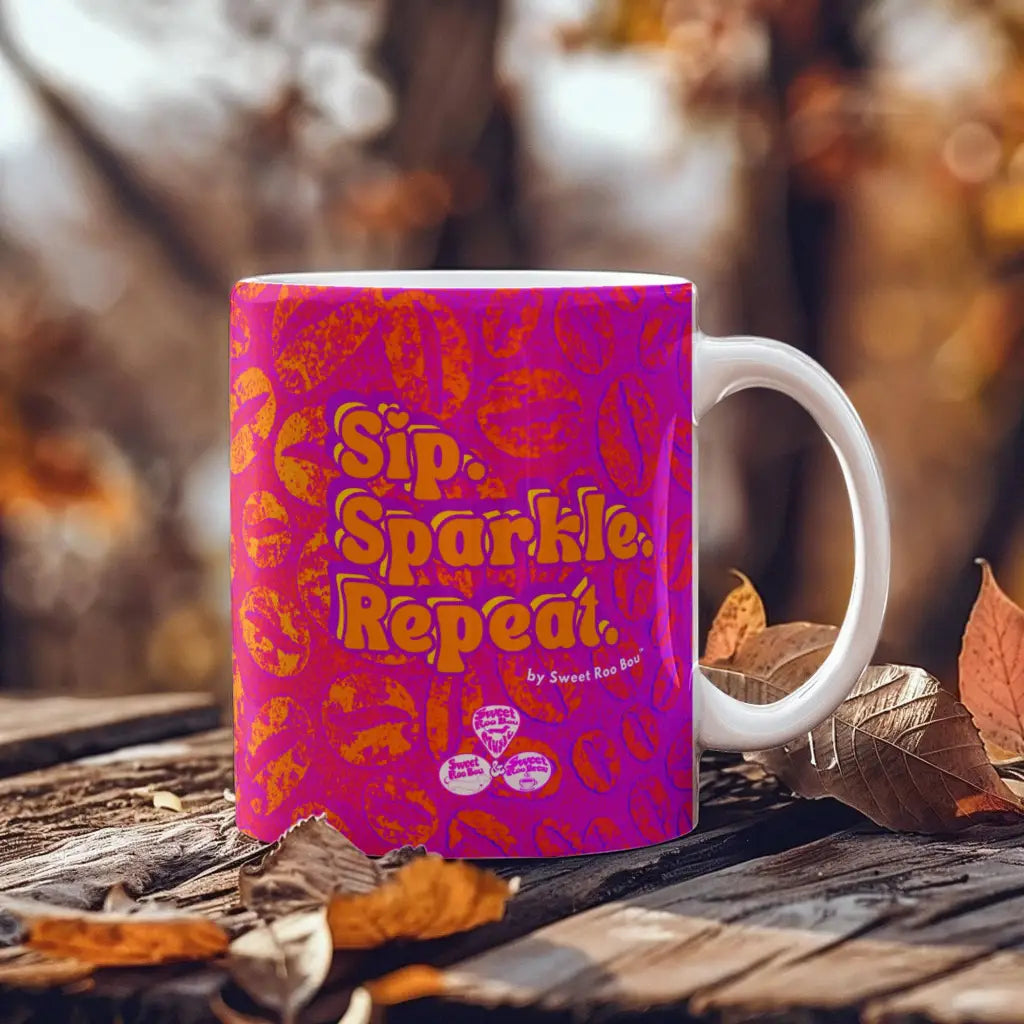 Classic white ceramic mug with Sweet Roo Bou™ design and Boujee Coffee Time© energy. Great gift in 11 or 15 oz.