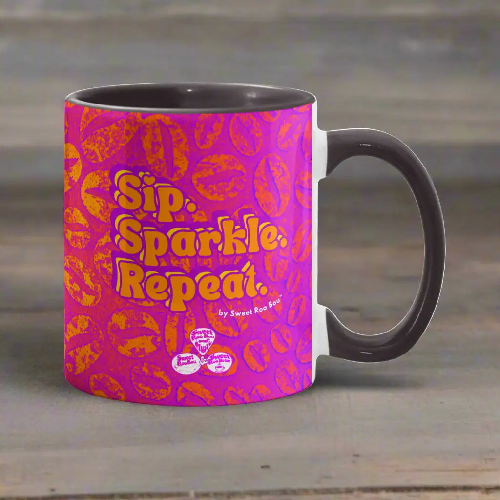 Colorful ceramic mug by Sweet Roo Bou™ for Brew™ and Boujee Coffee Time ©. For bold coffee lovers glam morning routines
