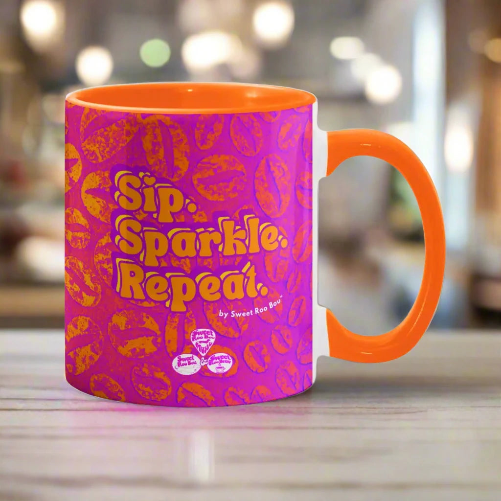 Colorful ceramic mug by Sweet Roo Bou™ for Brew™ and Boujee Coffee Time ©. For bold coffee lovers glam morning routines