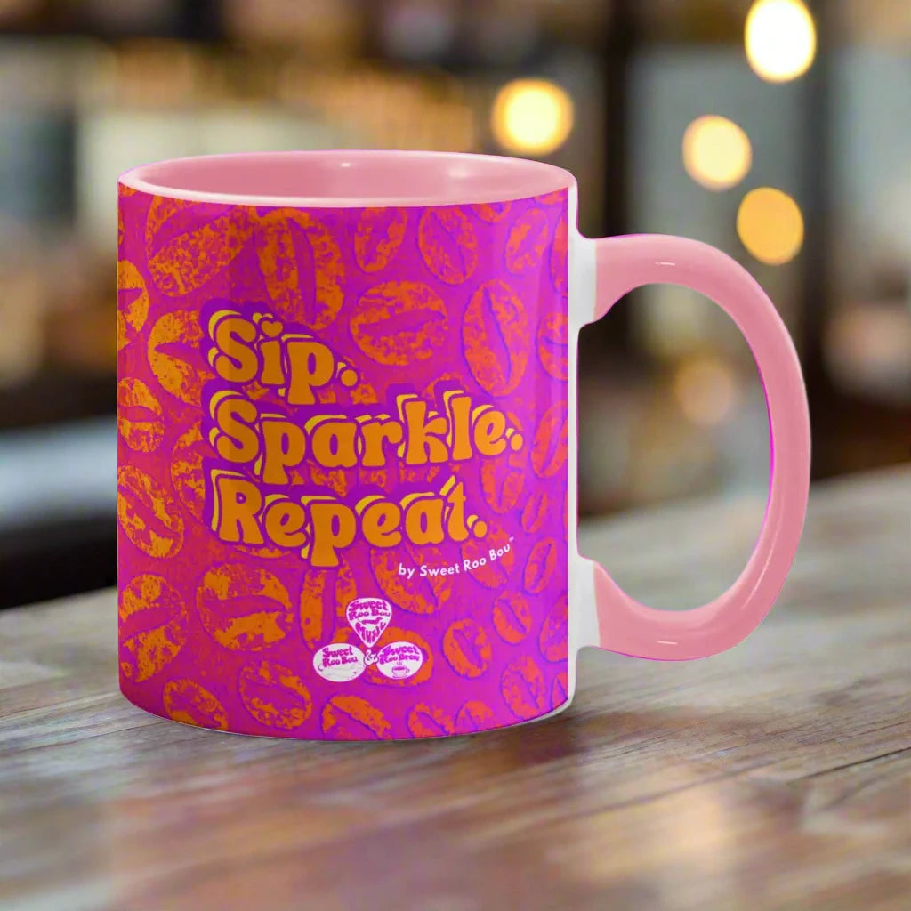 Colorful ceramic mug by Sweet Roo Bou™ for Brew™ and Boujee Coffee Time ©. For bold coffee lovers glam morning routines