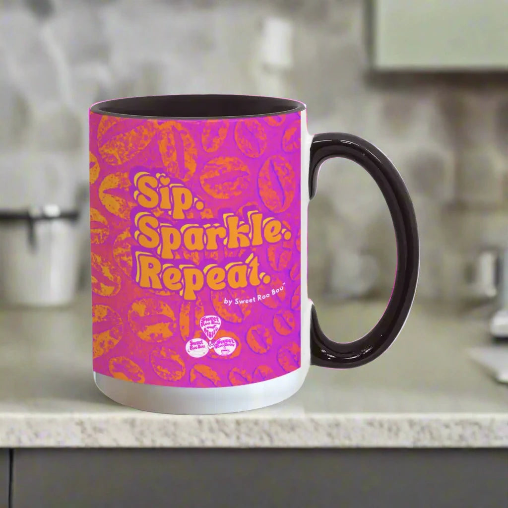 Colorful ceramic mug by Sweet Roo Bou™ for Brew™ and Boujee Coffee Time ©. For bold coffee lovers glam morning routines
