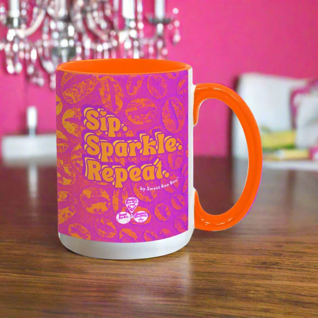 Colorful ceramic mug by Sweet Roo Bou™ for Brew™ and Boujee Coffee Time ©. For bold coffee lovers glam morning routines