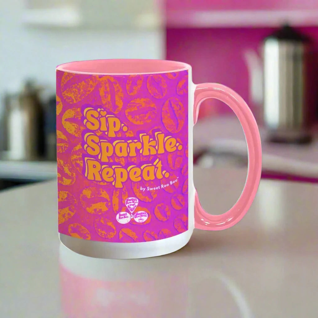 Colorful ceramic mug by Sweet Roo Bou™ for Brew™ and Boujee Coffee Time ©. For bold coffee lovers glam morning routines
