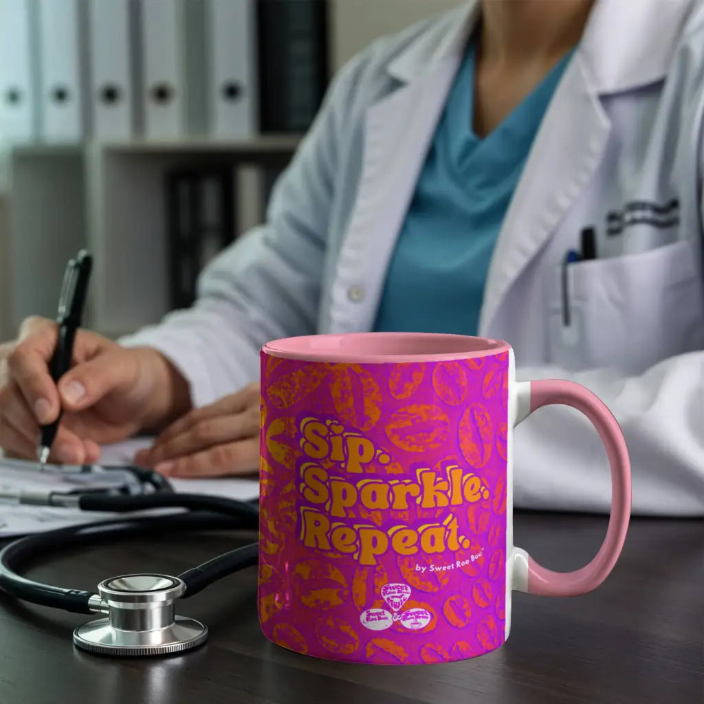 Colorful ceramic mug by Sweet Roo Bou™ for Brew™ and Boujee Coffee Time ©. For bold coffee lovers glam morning routines