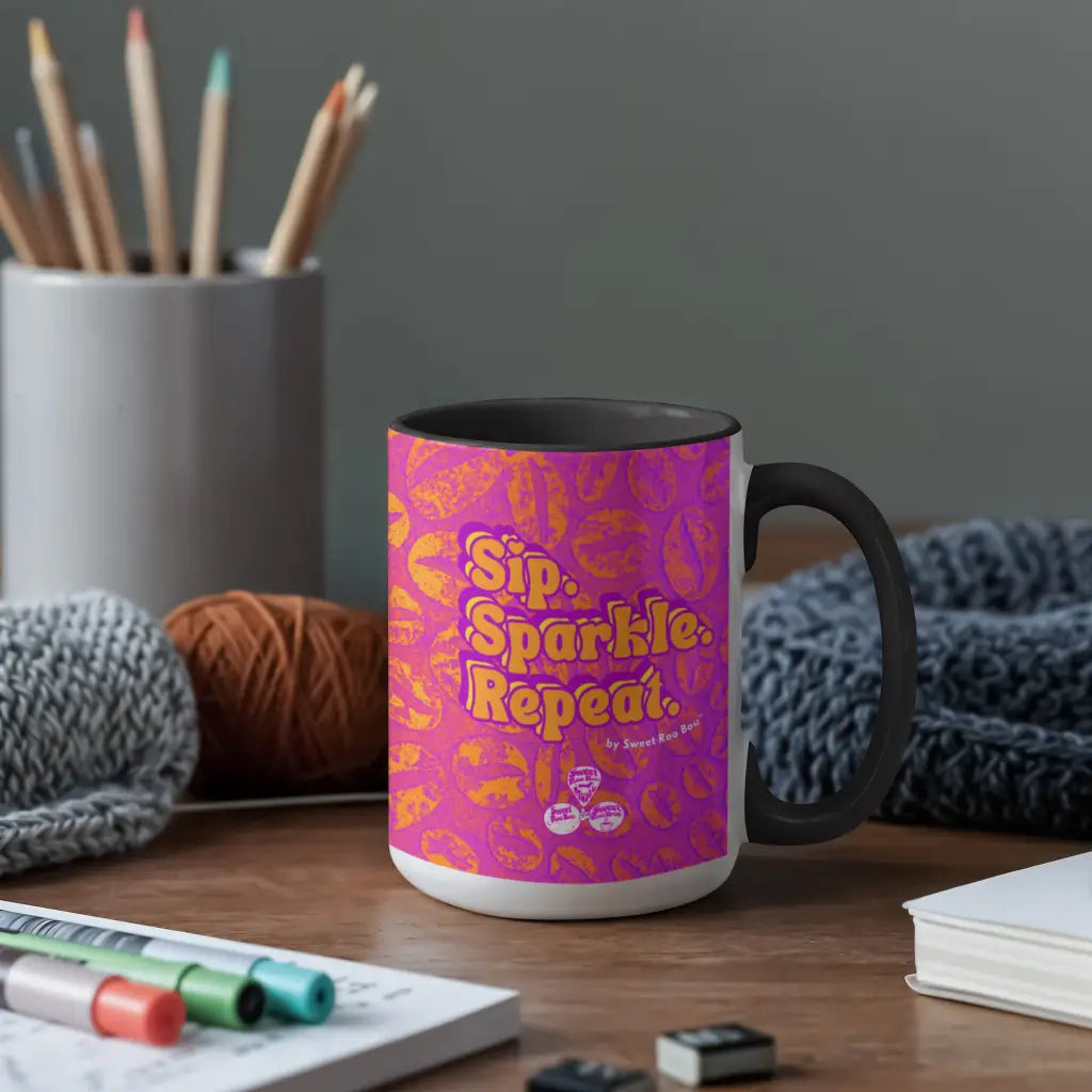Colorful ceramic mug by Sweet Roo Bou™ for Brew™ and Boujee Coffee Time ©. For bold coffee lovers glam morning routines