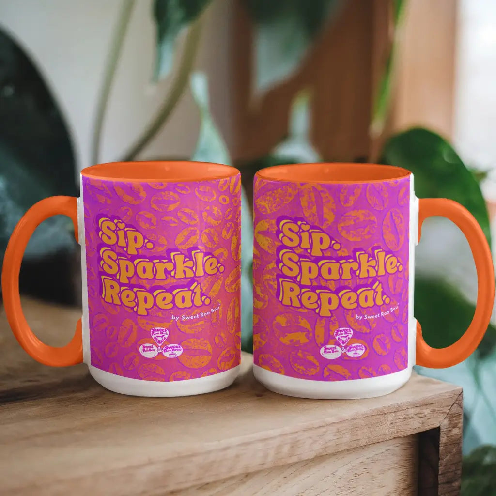 Colorful ceramic mug by Sweet Roo Bou™ for Brew™ and Boujee Coffee Time ©. For bold coffee lovers glam morning routines