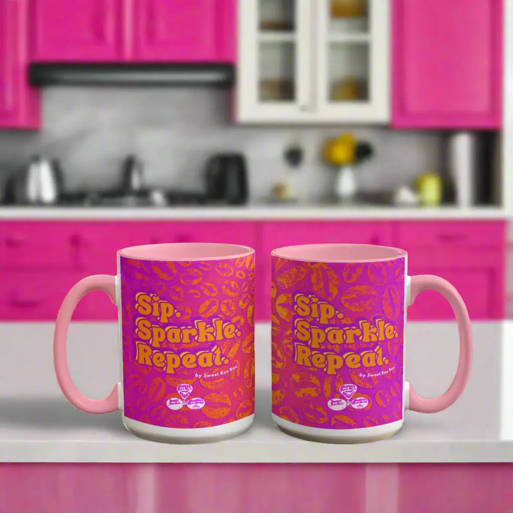 Colorful ceramic mug by Sweet Roo Bou™ for Brew™ and Boujee Coffee Time ©. For bold coffee lovers glam morning routines