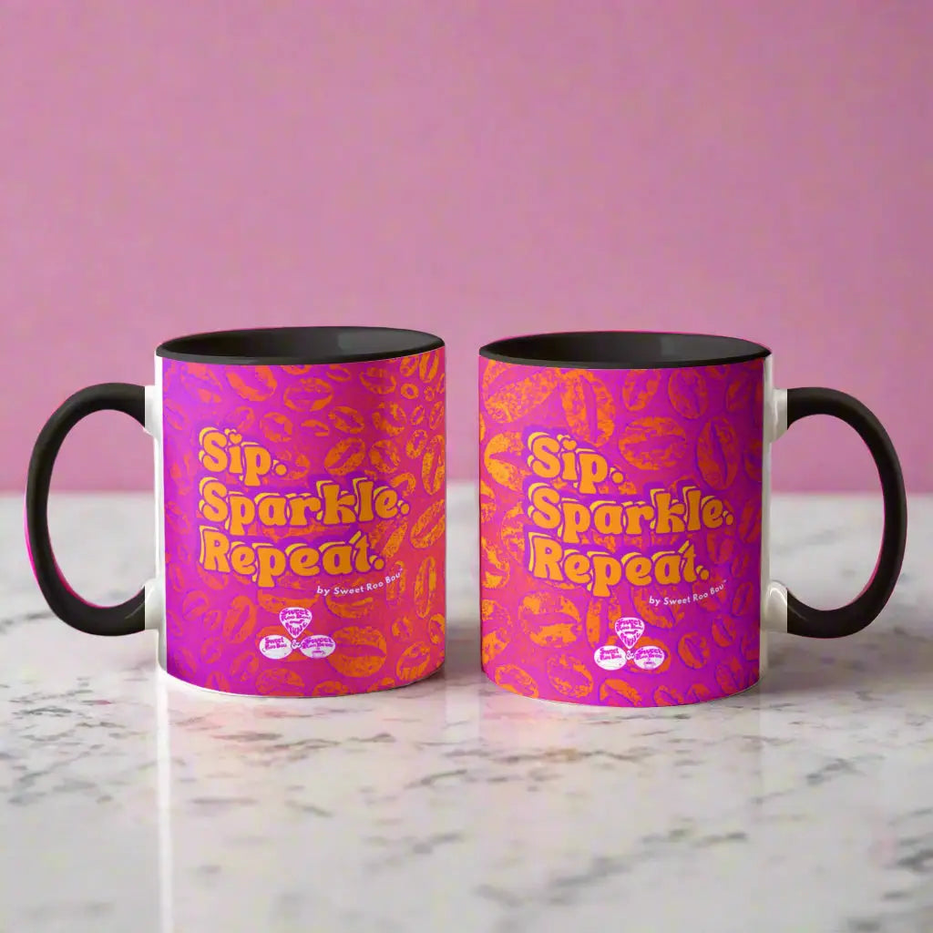 Colorful ceramic mug by Sweet Roo Bou™ for Brew™ and Boujee Coffee Time ©. For bold coffee lovers glam morning routines