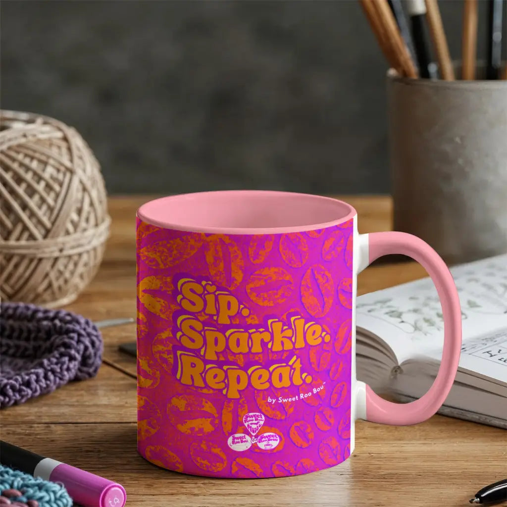 Colorful ceramic mug by Sweet Roo Bou™ for Brew™ and Boujee Coffee Time ©. For bold coffee lovers glam morning routines