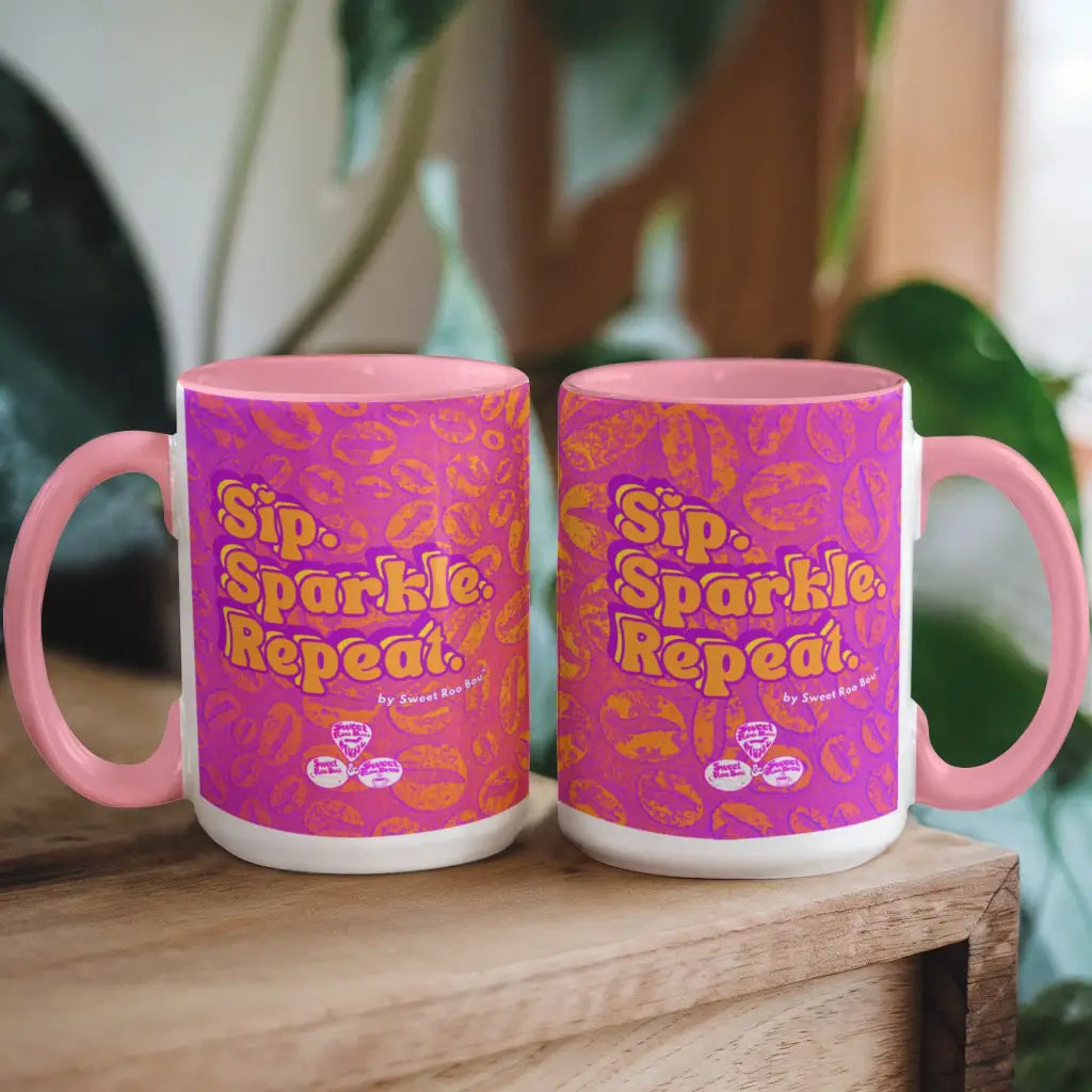 Colorful ceramic mug by Sweet Roo Bou™ for Brew™ and Boujee Coffee Time ©. For bold coffee lovers glam morning routines