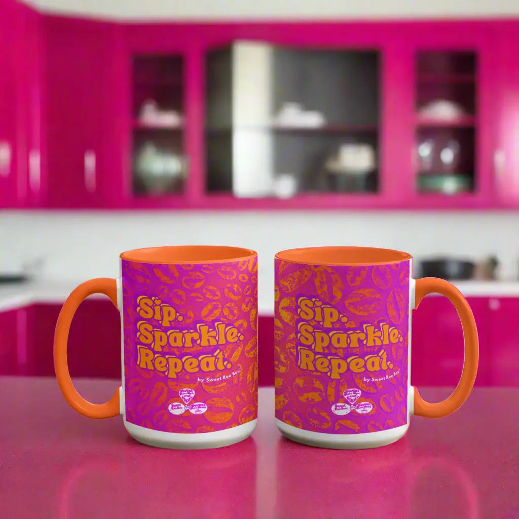 Colorful ceramic mug by Sweet Roo Bou™ for Brew™ and Boujee Coffee Time ©. For bold coffee lovers glam morning routines