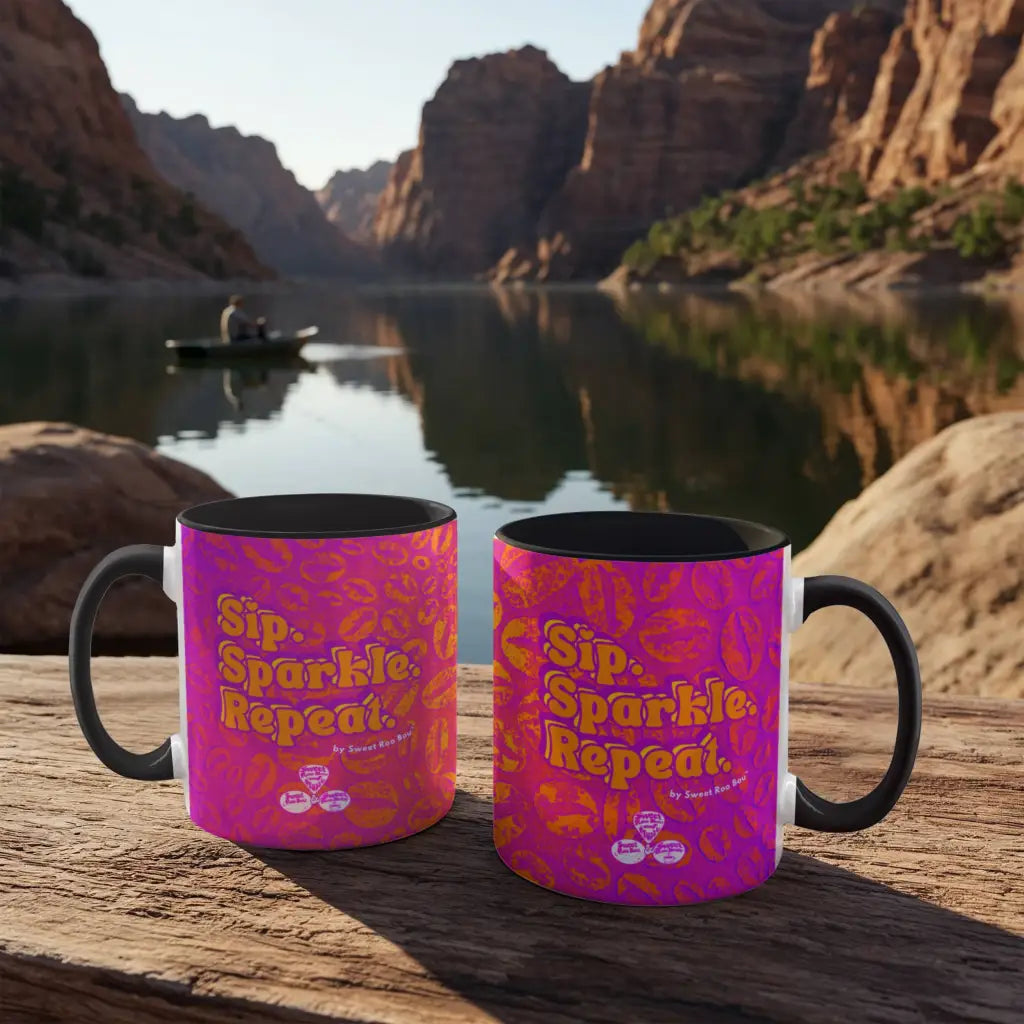 Colorful ceramic mug by Sweet Roo Bou™ for Brew™ and Boujee Coffee Time ©. For bold coffee lovers glam morning routines