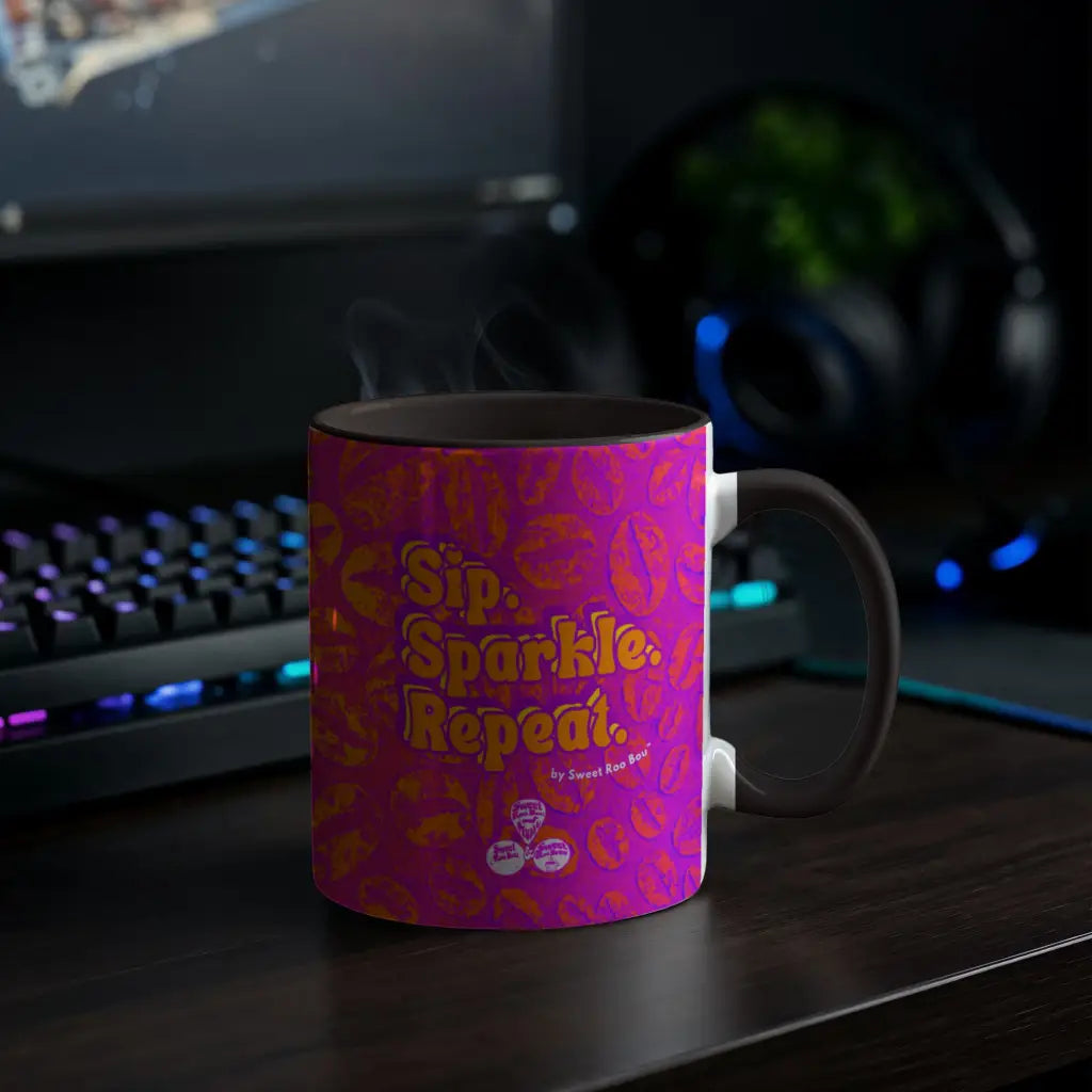 Colorful ceramic mug by Sweet Roo Bou™ for Brew™ and Boujee Coffee Time ©. For bold coffee lovers glam morning routines