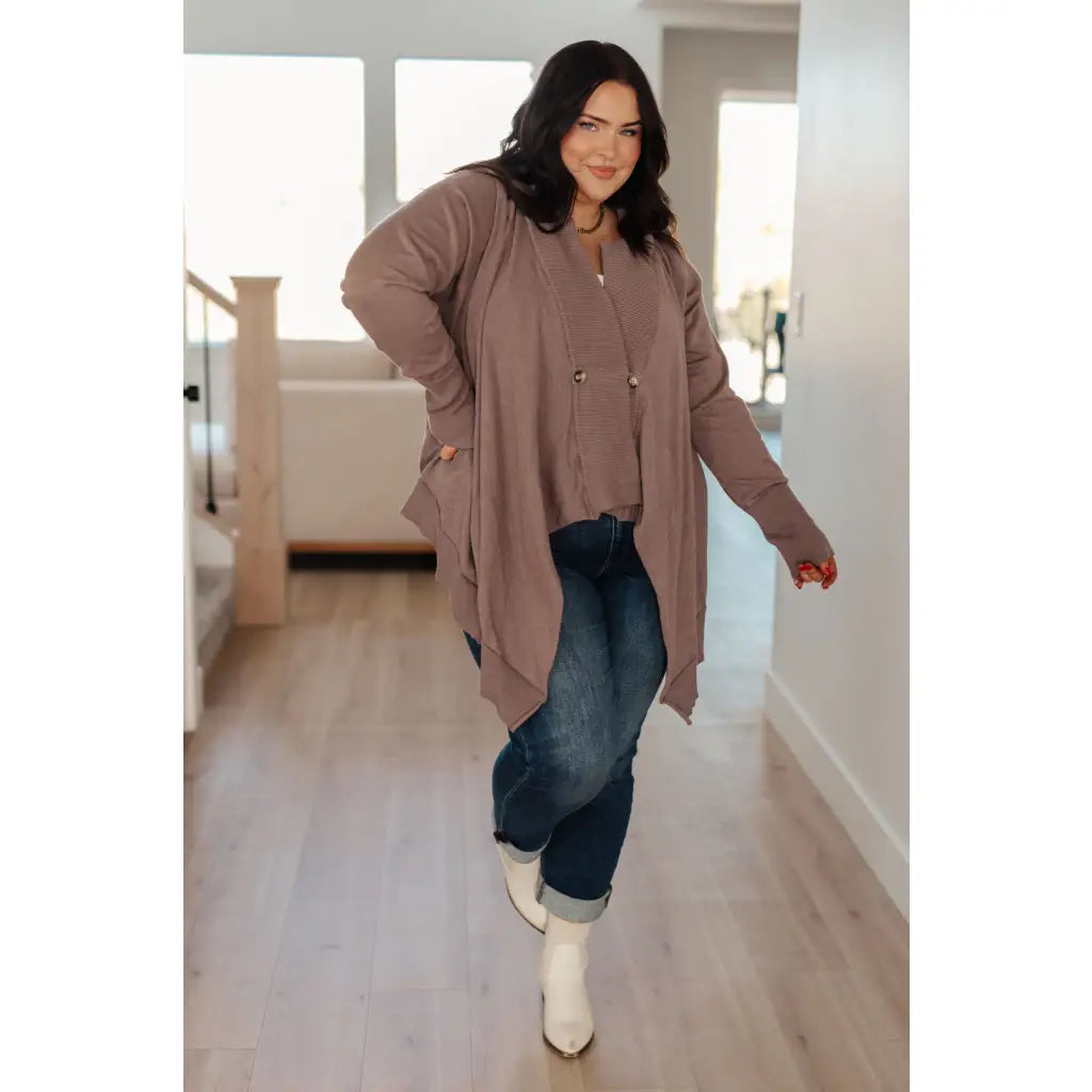 Lightweight plus size friendly cardigan in cotton knit with hood ribbed accents and waterfall hem is a perfect layering