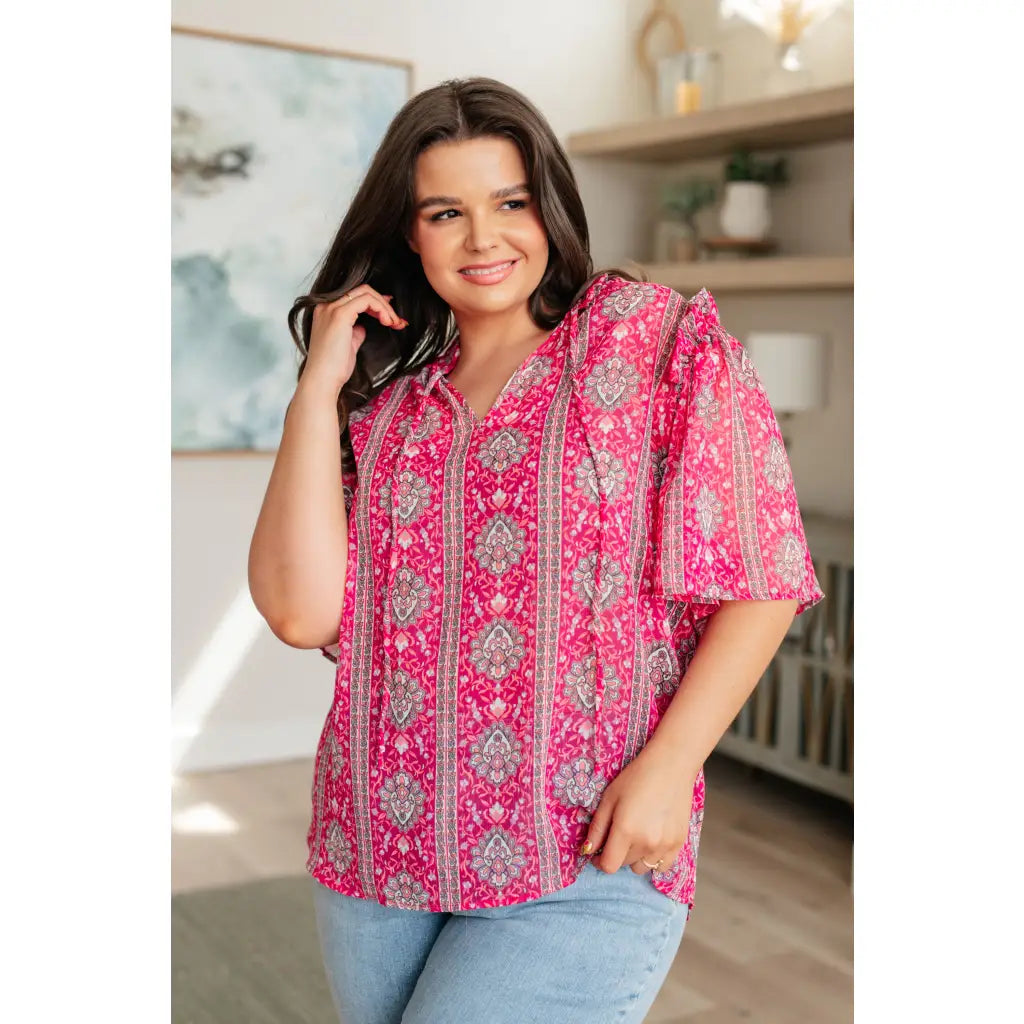 Floral & damask hot pink printed V-neck blouse with ruffle bell sleeves. Available in plus size. Ships fast 2-3 days!