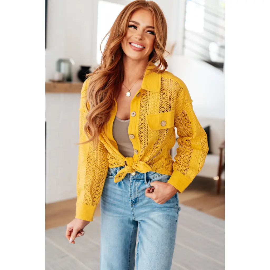 Our Sweeter Than Nectar Lace Button Down Blouse in Honey is crafted with delicate crocheted lace and a wood button