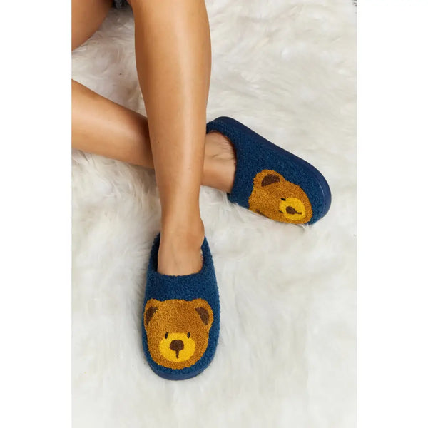 Teddy Bear Plush Slippers - Navy / S