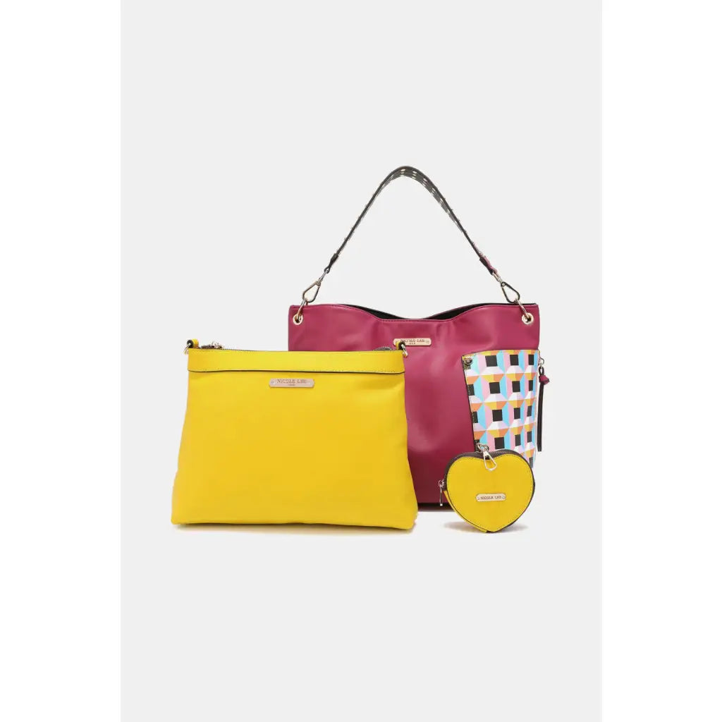 This fantastically fun handbag three piece set includes a Large Shoulder Bag Solid Crossbody and charming Heart Coin