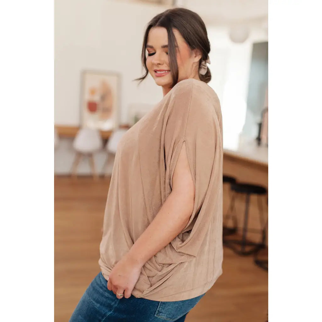 Unleash your style with The Realest V-Neck Top in Shimmering Beige. Made from soft bulgari fabric this top offers