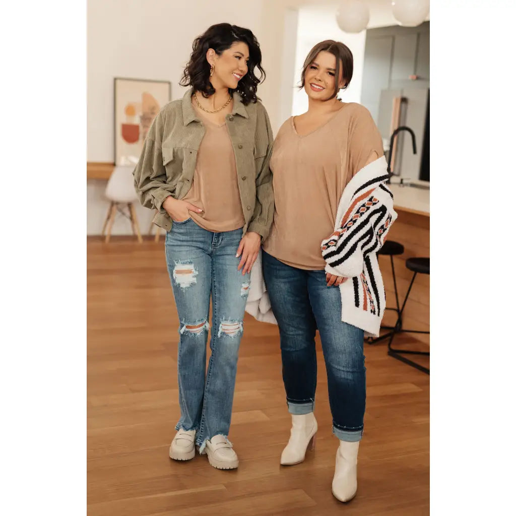 Unleash your style with The Realest V-Neck Top in Shimmering Beige. Made from soft bulgari fabric this top offers