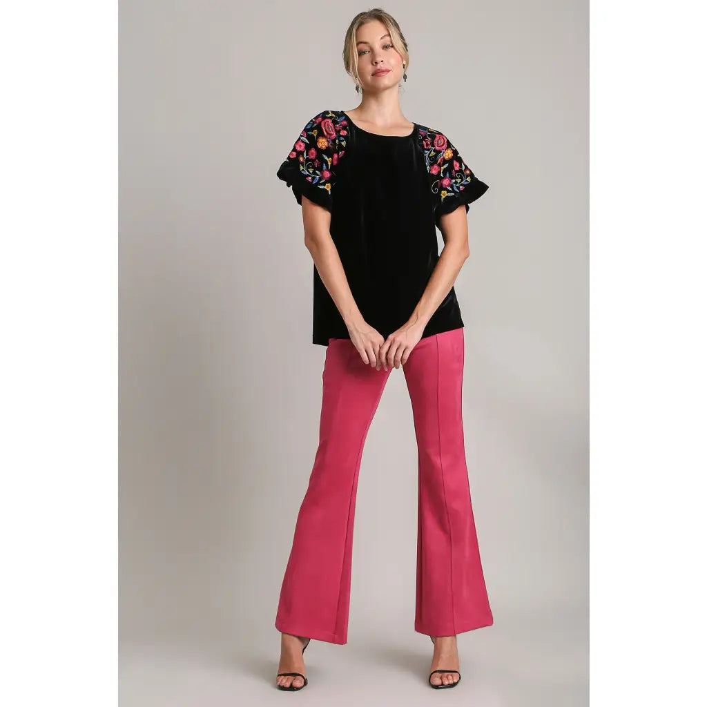 Our Velvet Embroidery Sleeve Blouse in Black is a stunning piece that combines fun look with touch of vintage charm.
