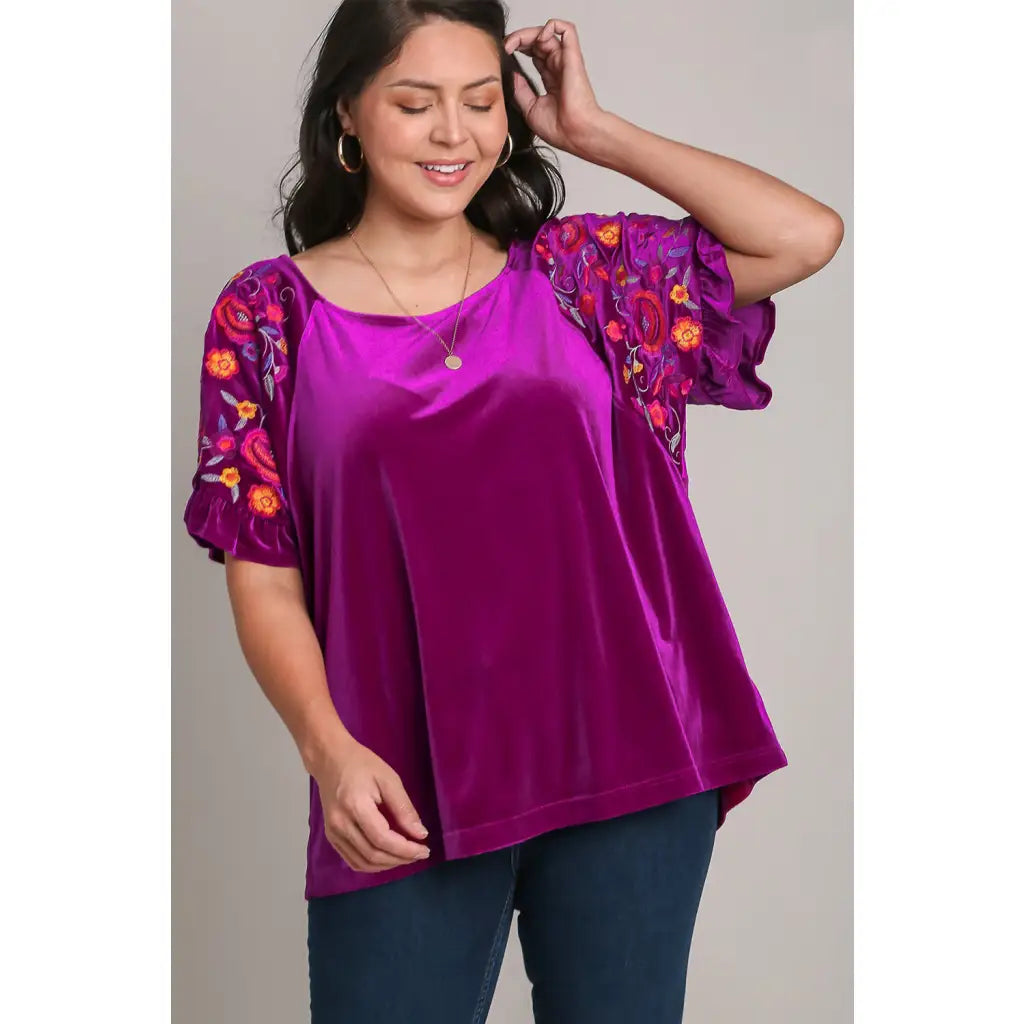 Our Velvet Embroidery Sleeve Blouse in Violet is a stunningly vibrant piece that combines fun look with touch