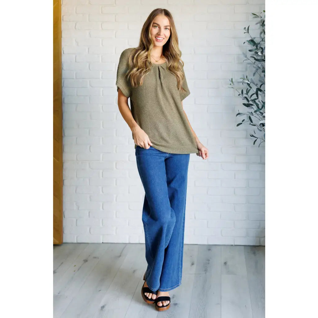 Soft olive waffle knit top with lace back and dolman sleeves. S to 3XL plus sizes. Ships fast in 2–3 days. Feminine