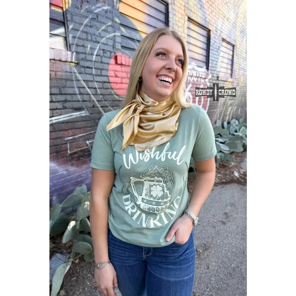 Celebrate in style with the Wishful Drinking T Shirt! A soft lightweight green tee. Plus it’s available sizes S 3XL!