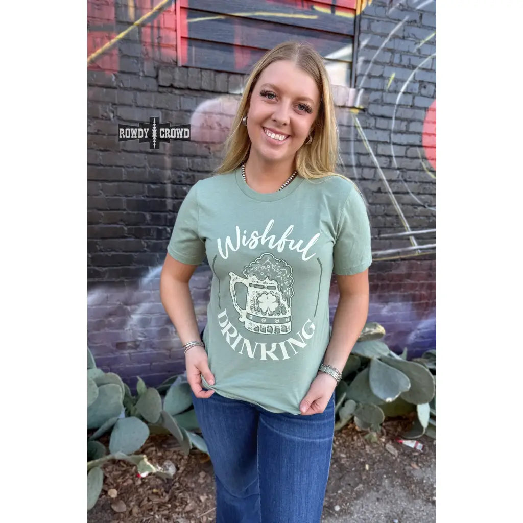 Celebrate in style with the Wishful Drinking T Shirt! A soft lightweight green tee. Plus it’s available sizes S 3XL!