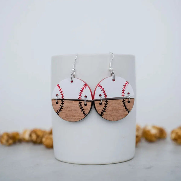 Acrylic & Wood Baseball Circle Duo Dangles - Earrings