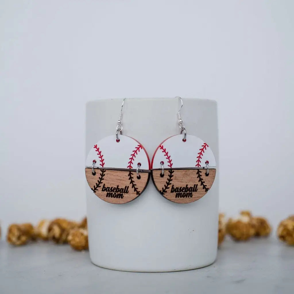 Acrylic & wood baseball mom circle duo dangle earrings. 1.5 inch length. Great for sensitive ears! Material: Specialty