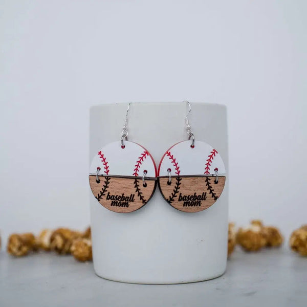 Acrylic & Wood Baseball Mom Circle Duo Dangles - Earrings
