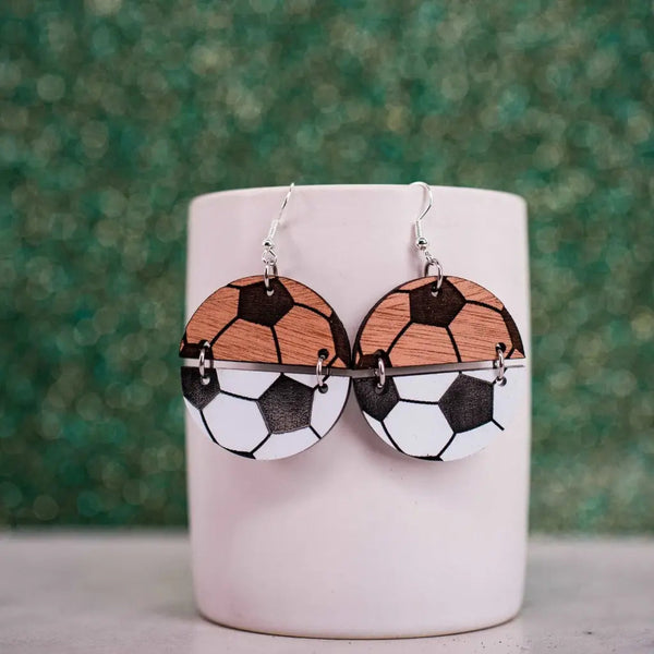 Acrylic & Wood Soccer Circle Duo Dangles - Earrings