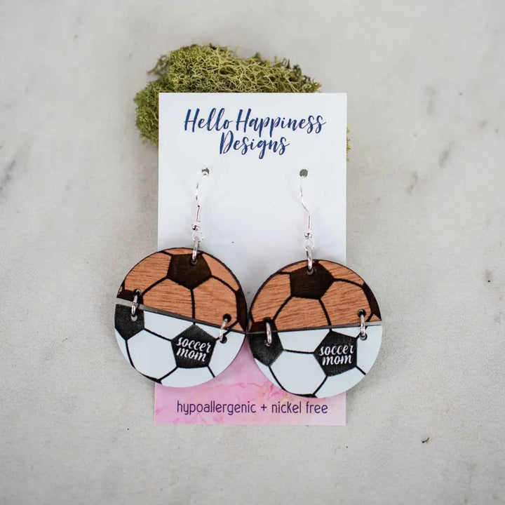 Acrylic & Wood Soccer Mom Circle Duo Dangles - Earrings