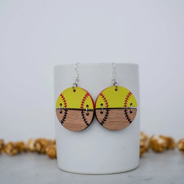 Acrylic & Wood Softball Circle Duo Dangles - Earrings