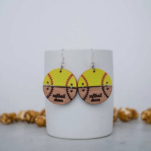 Acrylic & Wood Softball Mom Circle Duo Dangles - Earrings