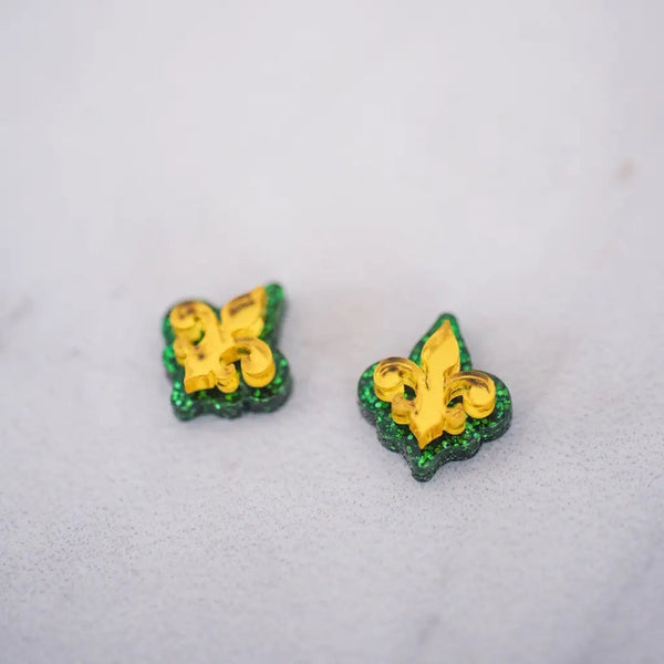 Green & Gold Fleur De Lis Studs - Earrings